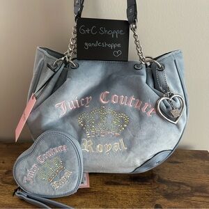 NWT Juicy Couture Kingdom Royal Tote Wristlet Set Dusty Blue Silver Crown Viral